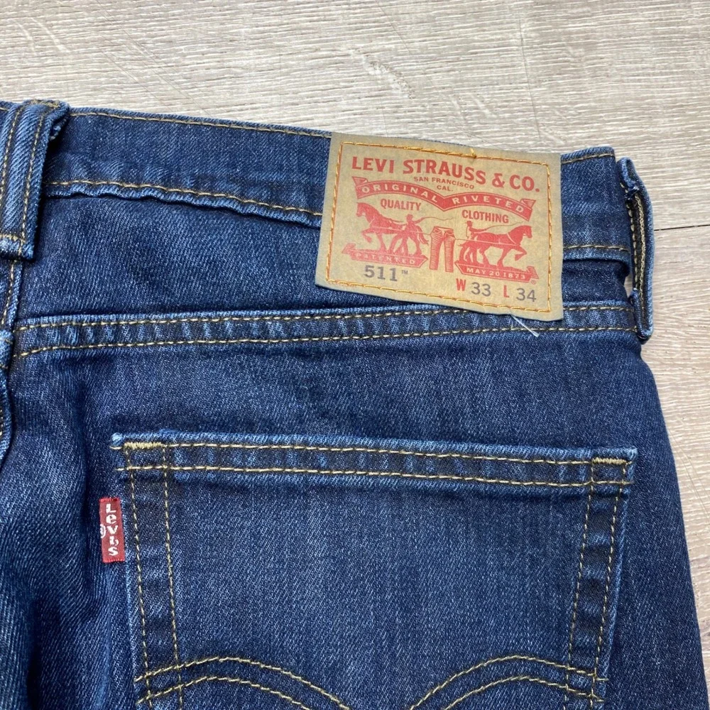 Levi 511 Slim Fit Jeans Mens 33x34 Blue Stretch Denim Casual Damaged Zipper